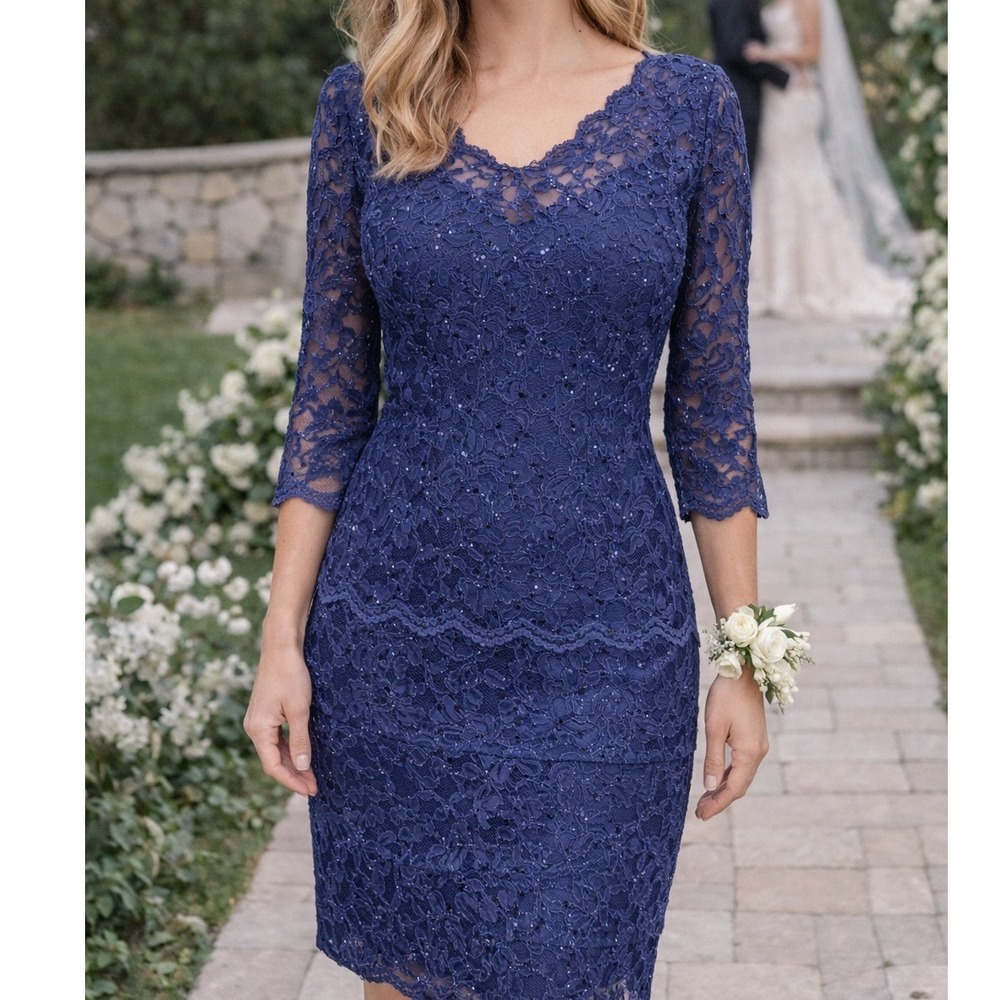 Alex Evenings Navy Blue Sequin Lace Tiered Sheath Dress 8 3/4 Sleeve Formal Q1